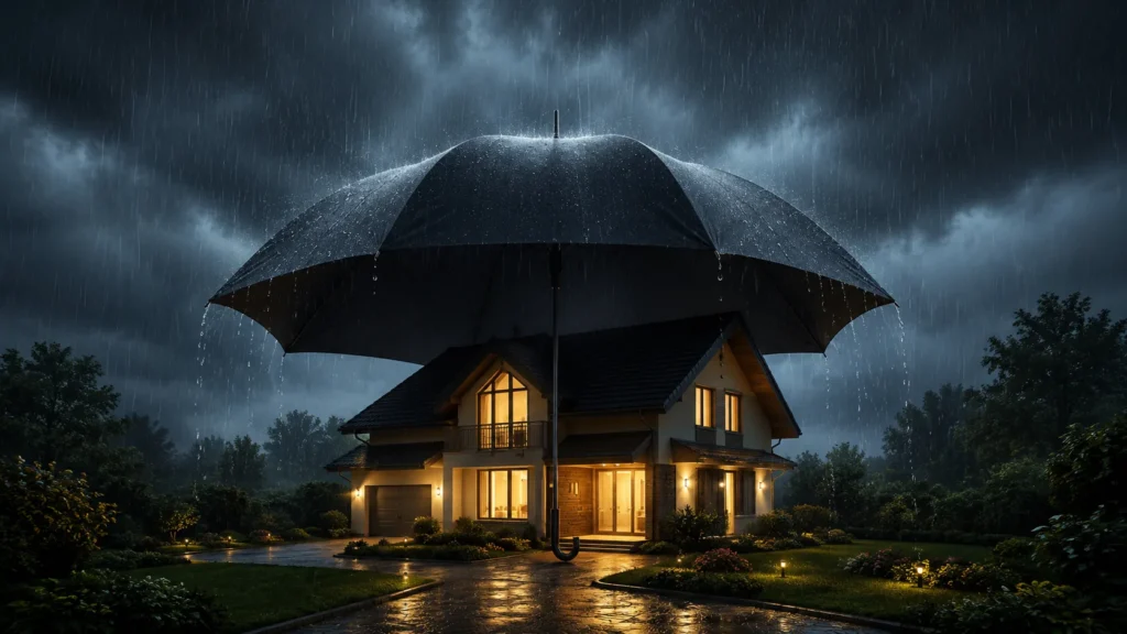 Family home protected beneath a large umbrella during a rainstorm, symbolizing the financial protection provided by term insurance.