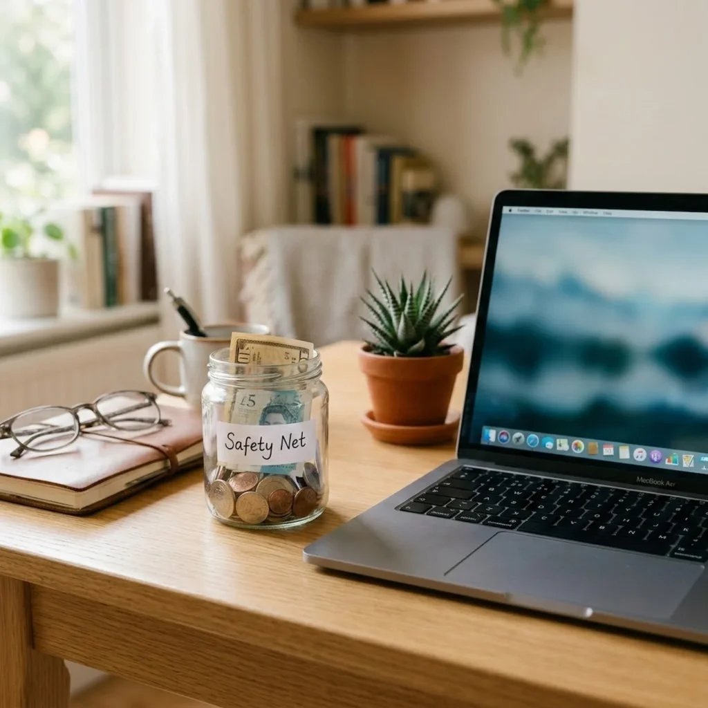 A glass jar labeled "Safety Net" with cash and coins on a desk beside a laptop, representing an emergency fund.