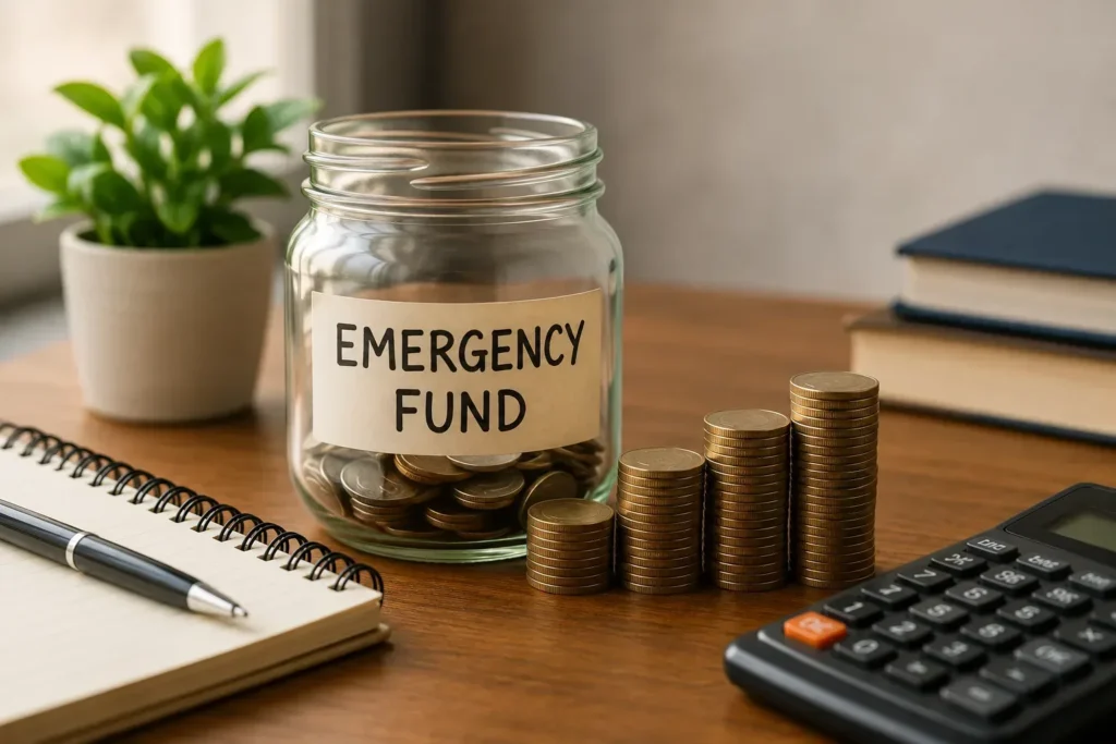 Glass jar labelled “Emergency Fund” with savings on a desk, representing financial preparedness
